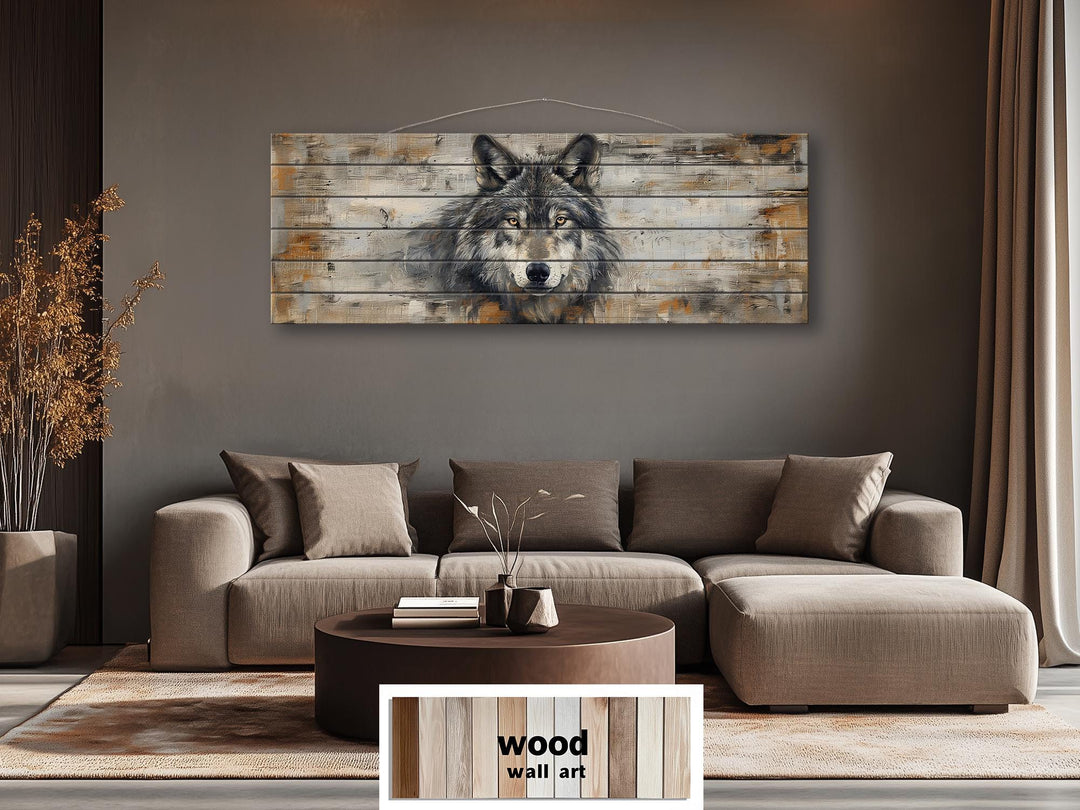 Rustic Wolf Long horizontal rustic wolf portrait on distressed wood.