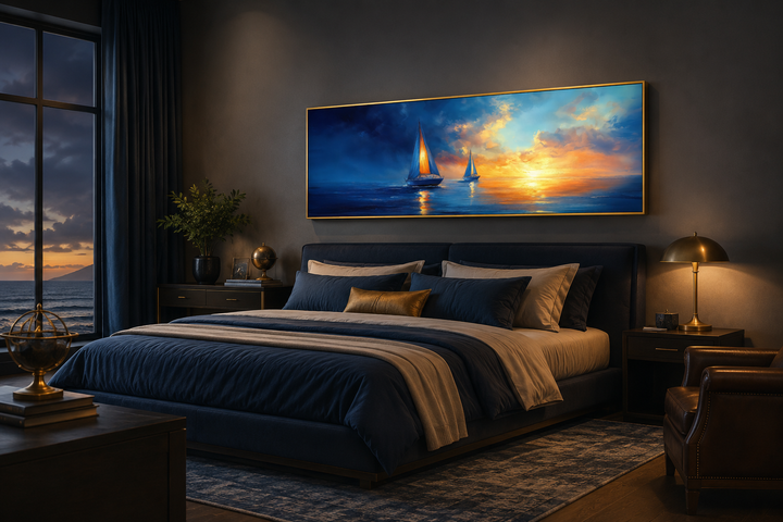 Long horizontal canvas wall art of sailboats on a blue ocean during a golden sunset.