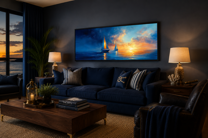Long horizontal canvas wall art of sailboats on a blue ocean during a vibrant orange sunset.