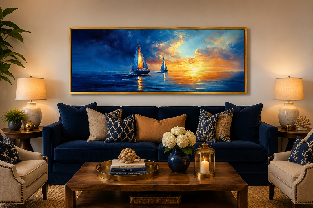 Long horizontal canvas wall art of sailboats on a blue ocean during a vibrant orange sunset.