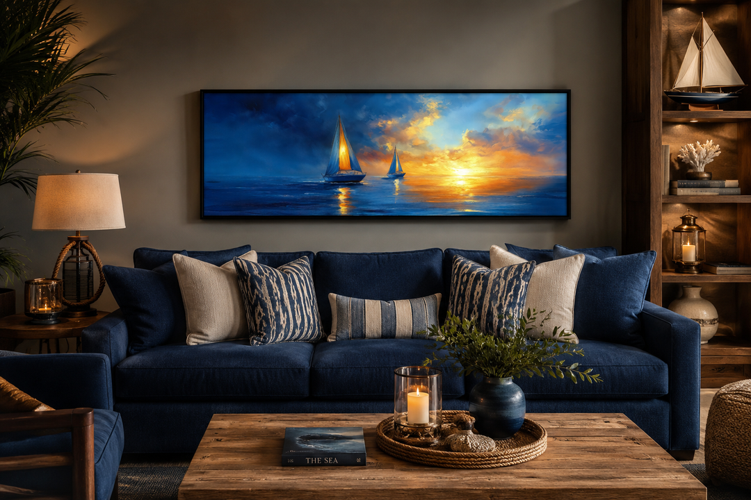 Long horizontal canvas wall art of sailboats on a blue ocean during a vibrant orange sunset.