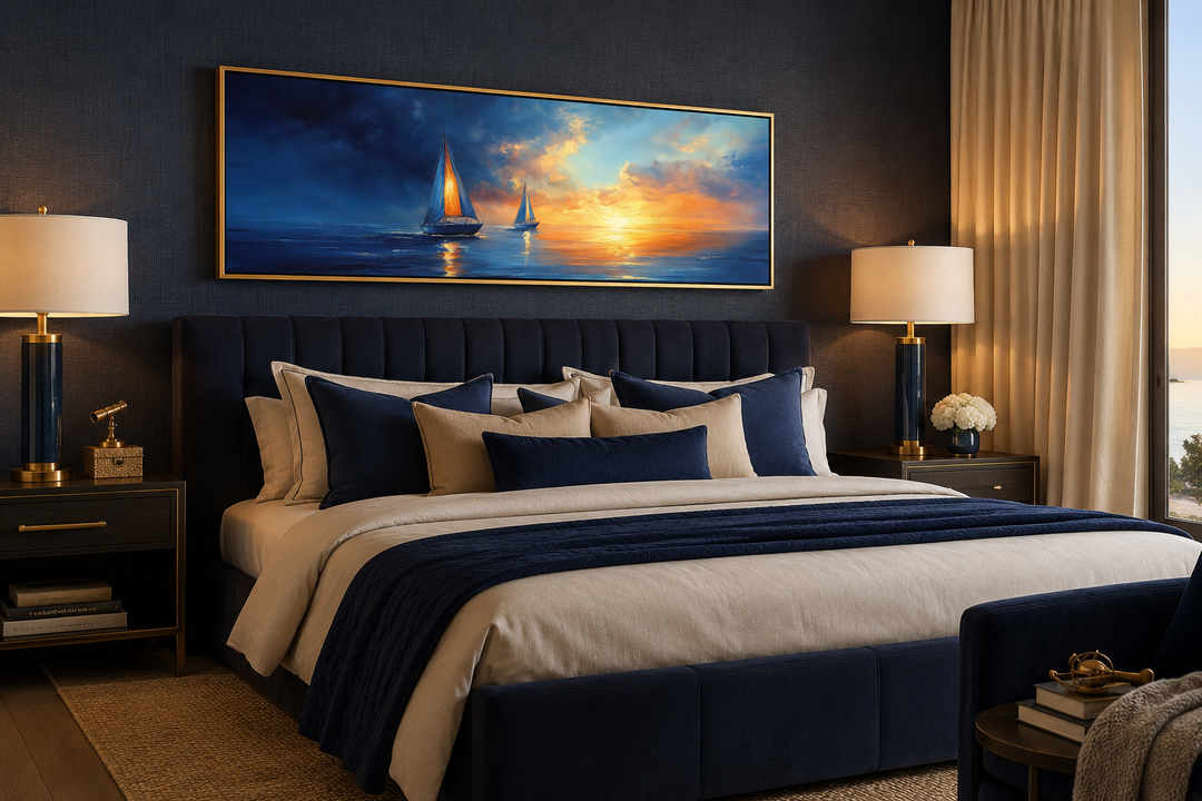 Long horizontal canvas wall art of sailboats on a calm ocean during a vibrant sunset.