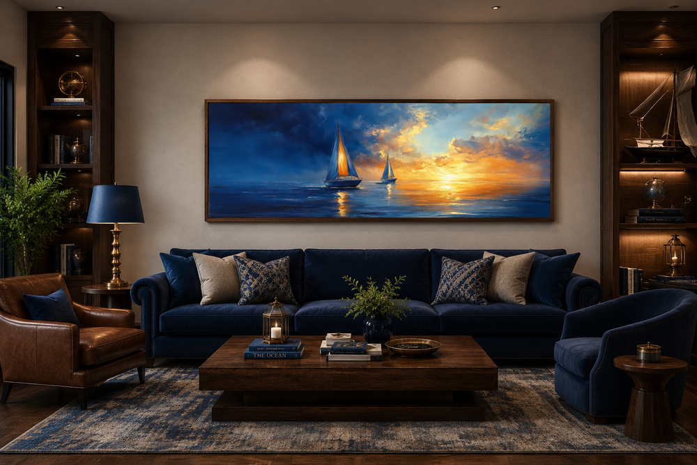 Long horizontal canvas wall art of sailboats on a calm ocean during a vibrant sunset.