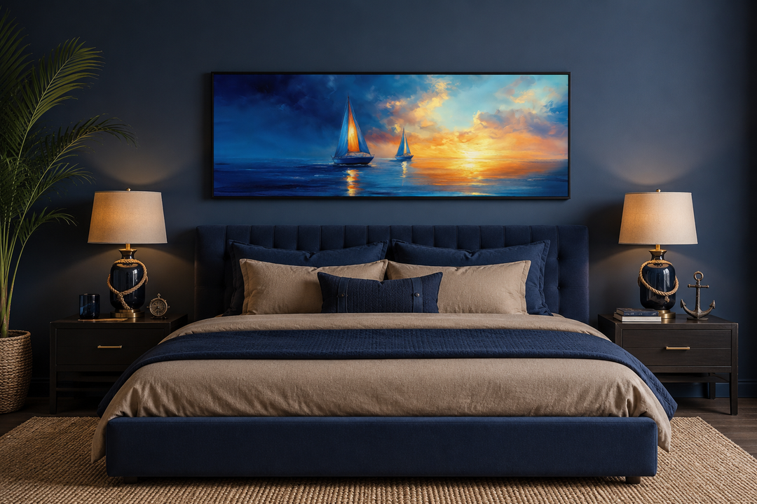 Long horizontal canvas wall art of sailboats on a calm ocean during a vibrant sunset.