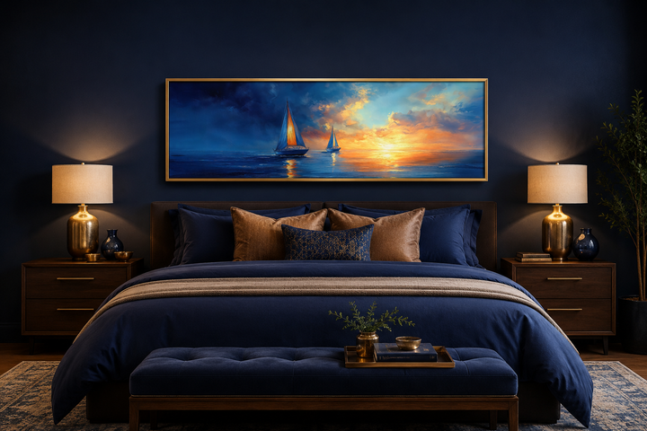 Long horizontal canvas wall art of sailboats on a calm ocean during a vibrant sunset.