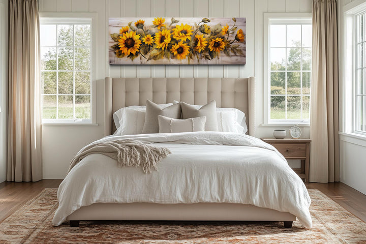 Long Horizontal Sunflowers Wall Art Above Bed