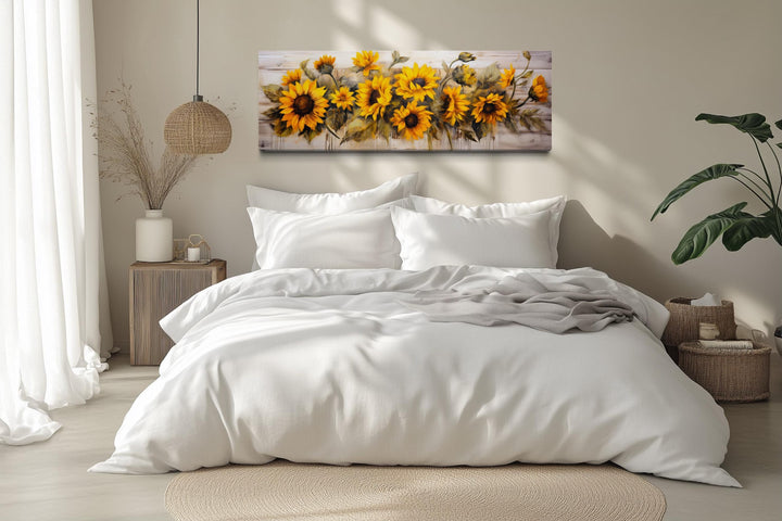 Long Horizontal Sunflowers Wall Art Above Bed