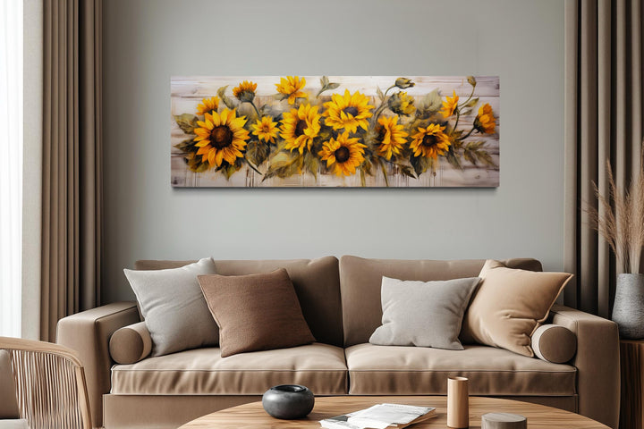 Long Horizontal Sunflowers Wall Art Above Bed