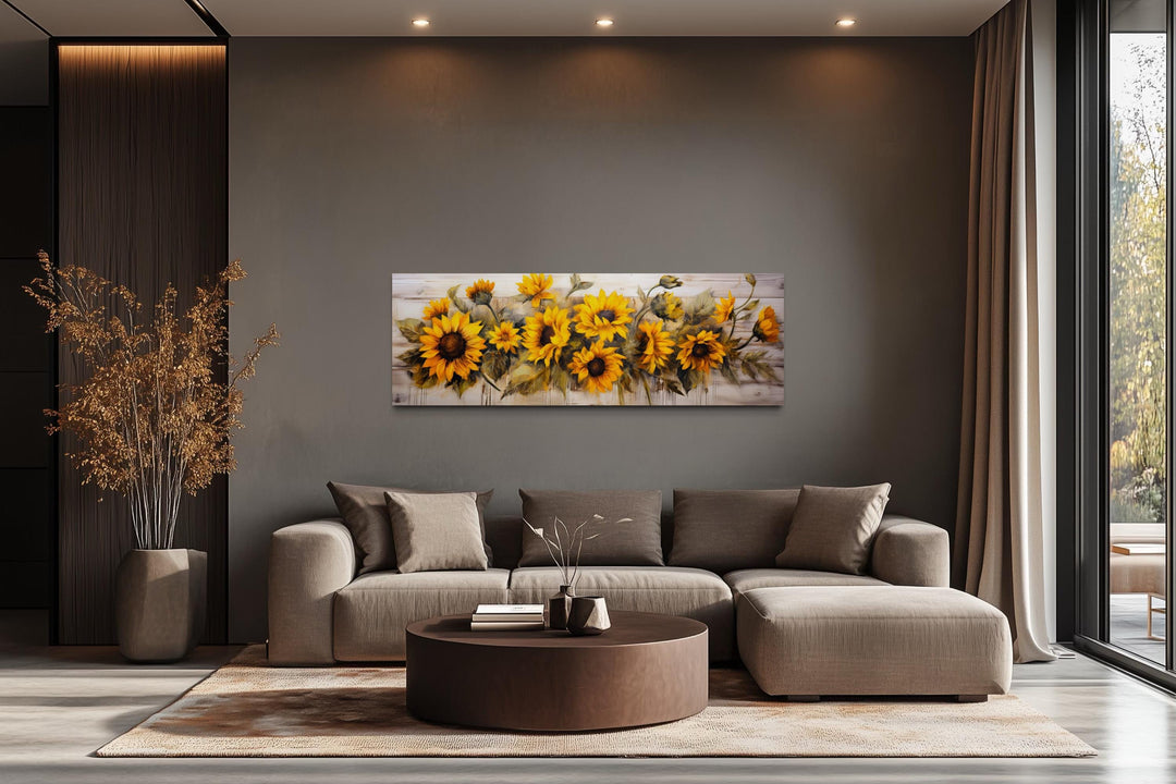 Long Horizontal Sunflowers Wall Art Above Bed
