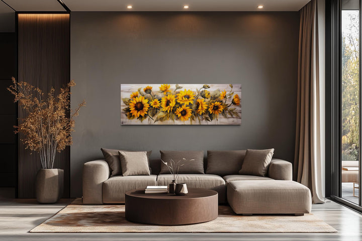 Long Horizontal Sunflowers Wall Art Above Bed