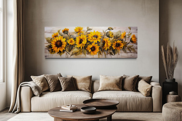 Long Horizontal Sunflowers Wall Art Above Bed