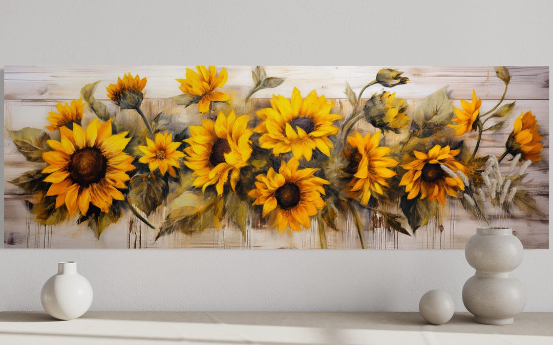 Long Horizontal Sunflowers Wall Art Above Bed