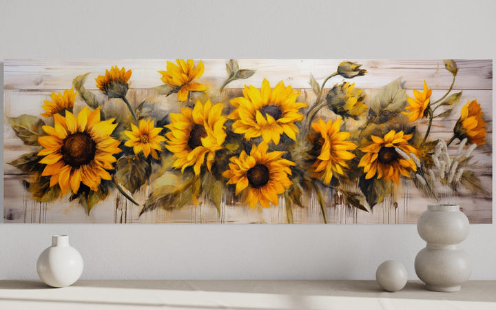 Long Horizontal Sunflowers Wall Art Above Bed
