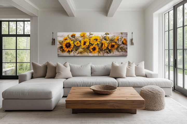 Long Horizontal Sunflowers Wall Art Above Bed