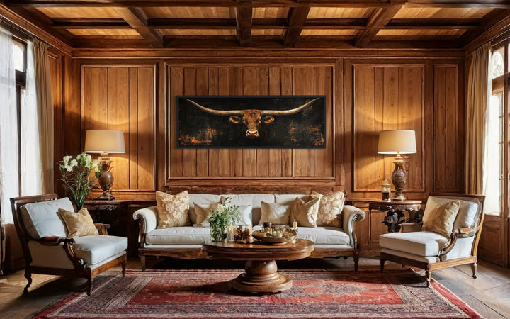Long horizontal Texas longhorn bull head on black rustic canvas wall art above a white sofa.