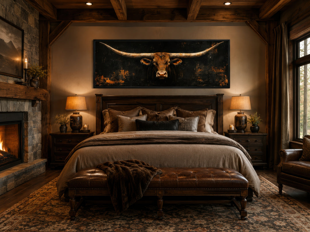 Long horizontal Texas longhorn bull head on black rustic canvas wall art above a bed.