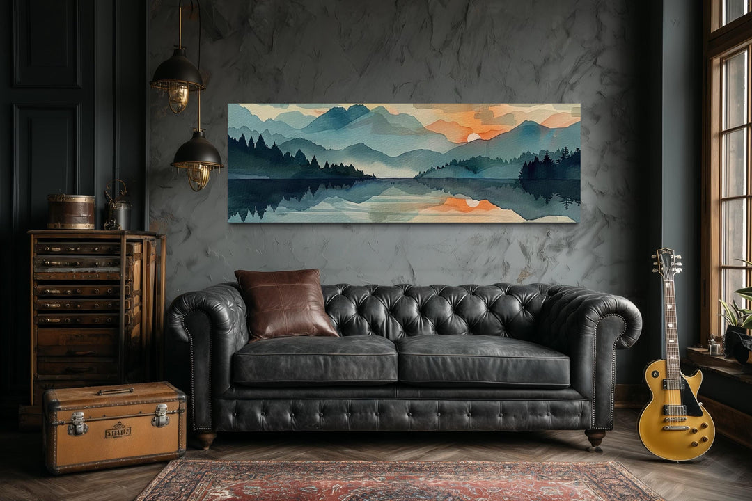 Long Horizontal Watercolor Mountain Lake Sunset Canvas Wall Art