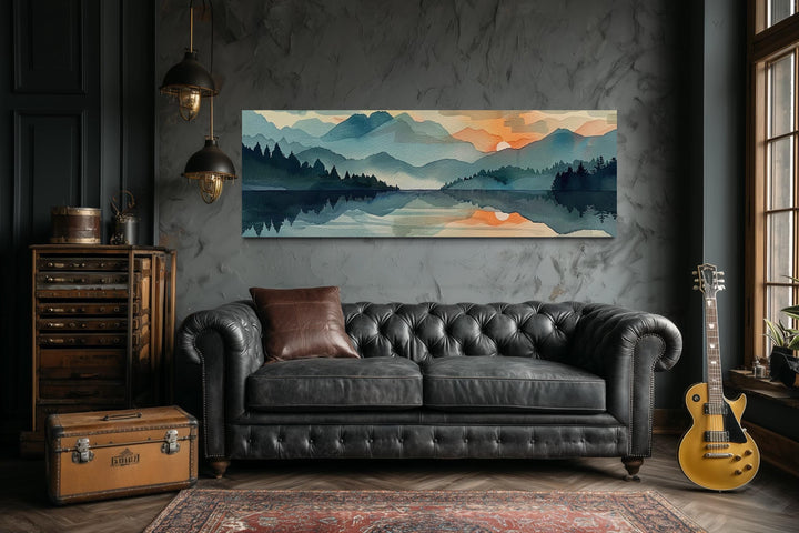 Long Horizontal Watercolor Mountain Lake Sunset Canvas Wall Art