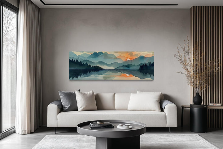 Long Horizontal Watercolor Mountain Lake Sunset Canvas Wall Art