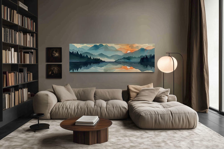 Long Horizontal Watercolor Mountain Lake Sunset Canvas Wall Art