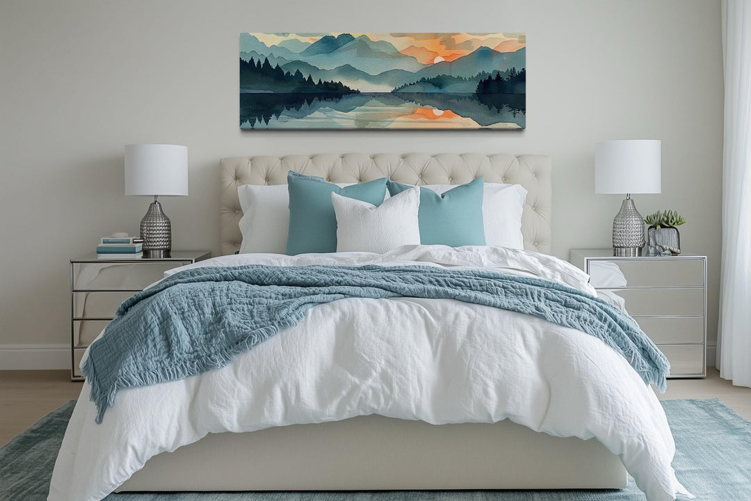 Long Horizontal Watercolor Mountain Lake Sunset Canvas Wall Art