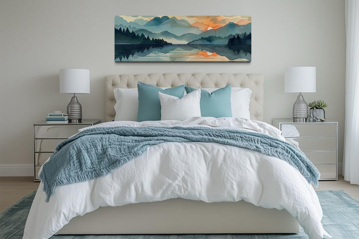 Long Horizontal Watercolor Mountain Lake Sunset Canvas Wall Art
