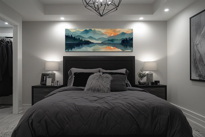 Long Horizontal Watercolor Mountain Lake Sunset Canvas Wall Art