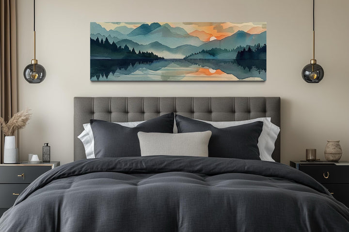 Long Horizontal Watercolor Mountain Lake Sunset Canvas Wall Art