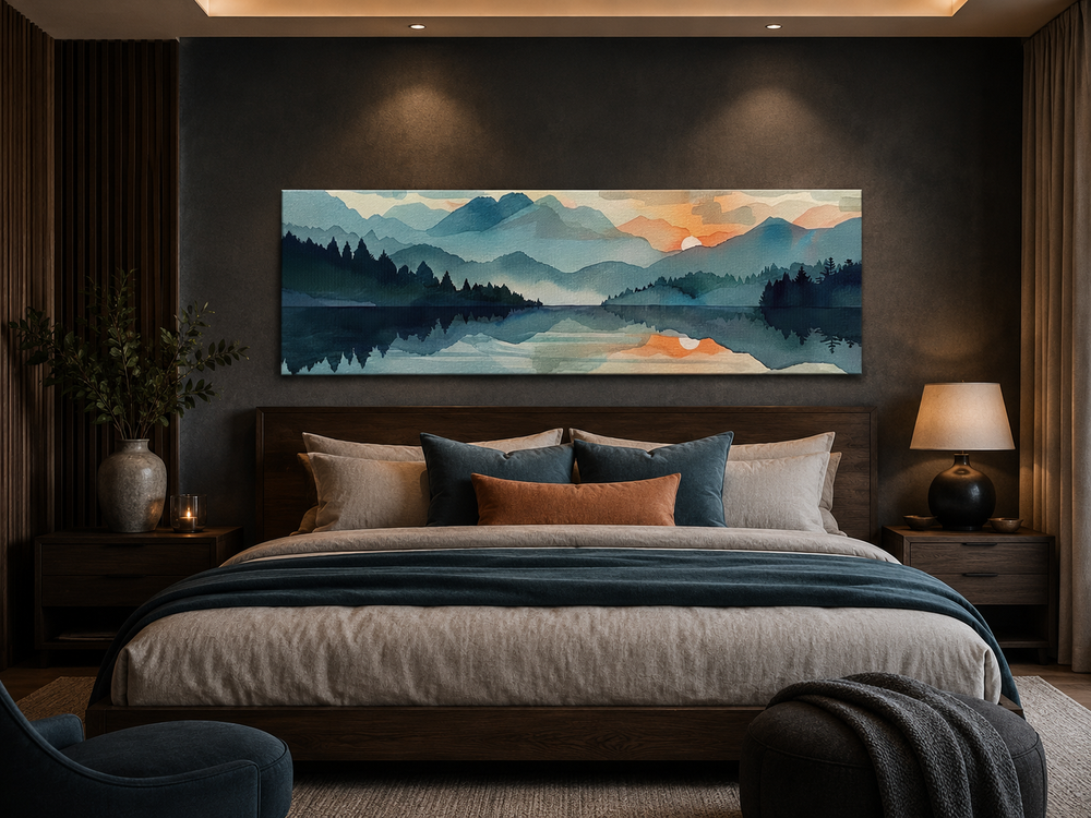 Long horizontal watercolor mountain lake sunset canvas wall art hanging above a dark wood bed.