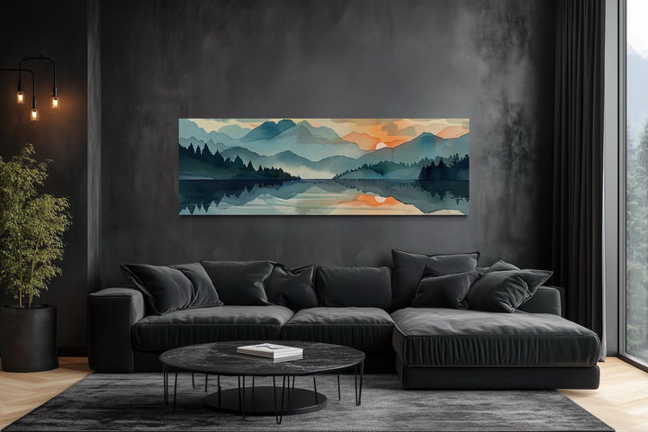 Long Horizontal Watercolor Mountain Lake Sunset Canvas Wall Art