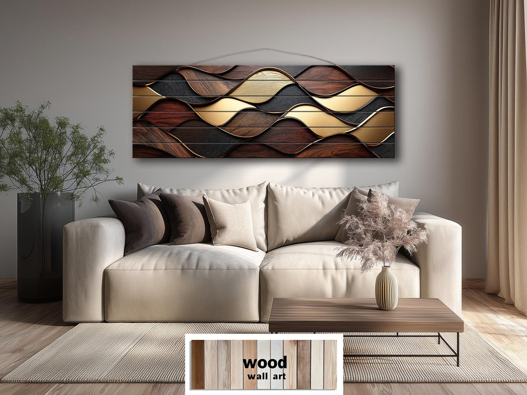 Long Horizontal Wood Texture Wall Art Print, Abstract Brown Gold Geometric Design