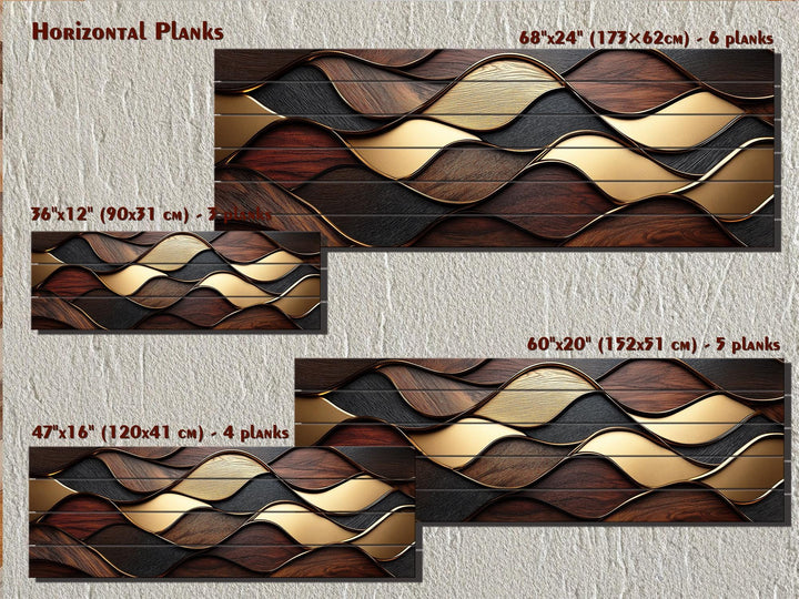 Long Horizontal Wood Texture Wall Art Print, Abstract Brown Gold Geometric Design
