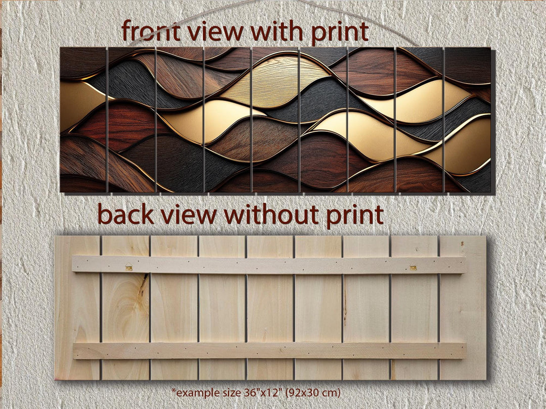 Long Horizontal Wood Texture Wall Art Print, Abstract Brown Gold Geometric Design