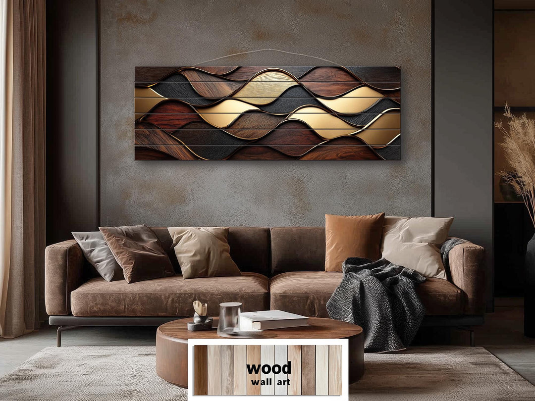 Long Horizontal Wood Texture Wall Art Print, Abstract Brown Gold Geometric Design