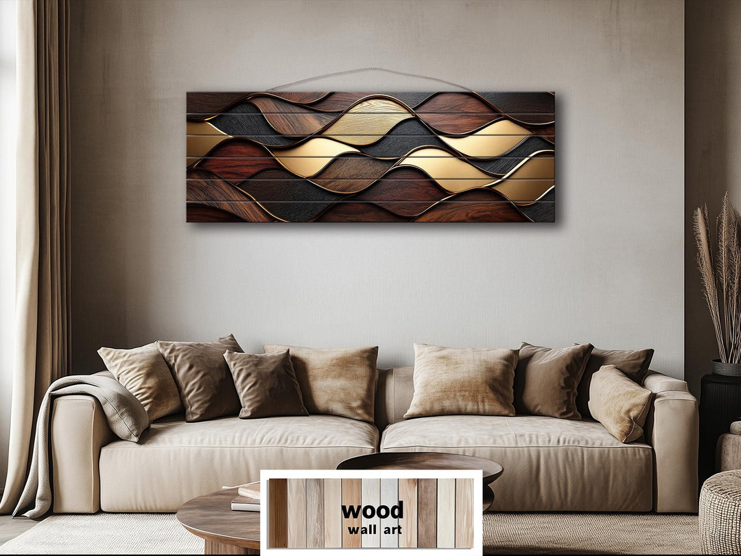 Long Horizontal Wood Texture Wall Art Print, Abstract Brown Gold Geometric Design