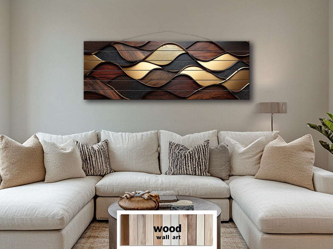 Long Horizontal Wood Texture Wall Art Print, Abstract Brown Gold Geometric Design