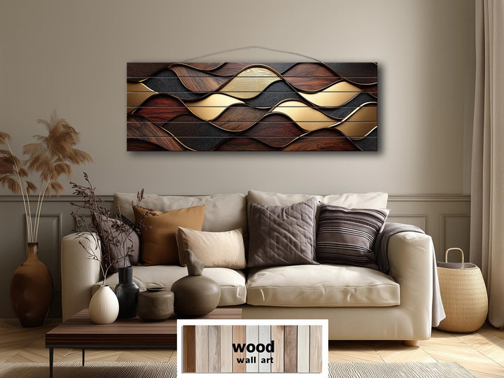 Long Horizontal Wood Texture Wall Art Print, Abstract Brown Gold Geometric Design