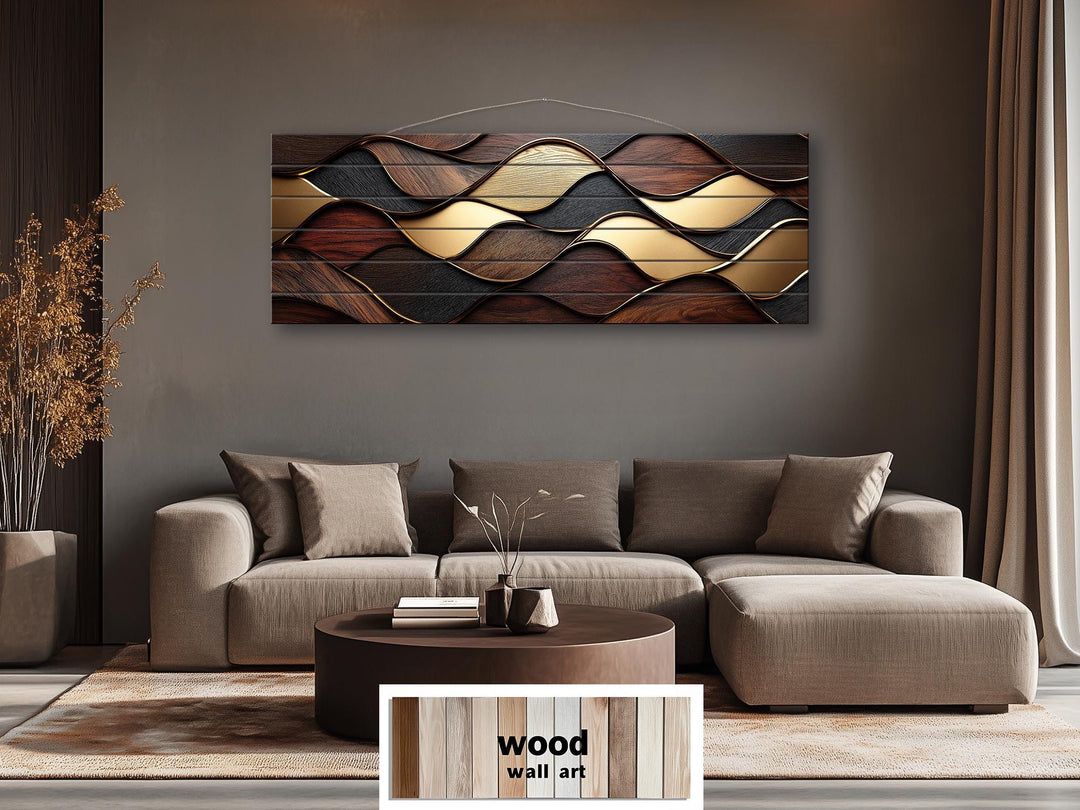 Long Horizontal Wood Texture Wall Art Print, Abstract Brown Gold Geometric Design