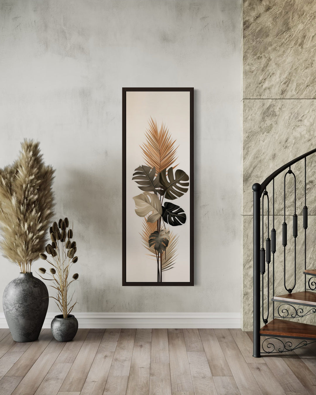 Long Narrow Boho Mid Century Modern Palm Leaves Earth Tones Framed Canvas Wall Art