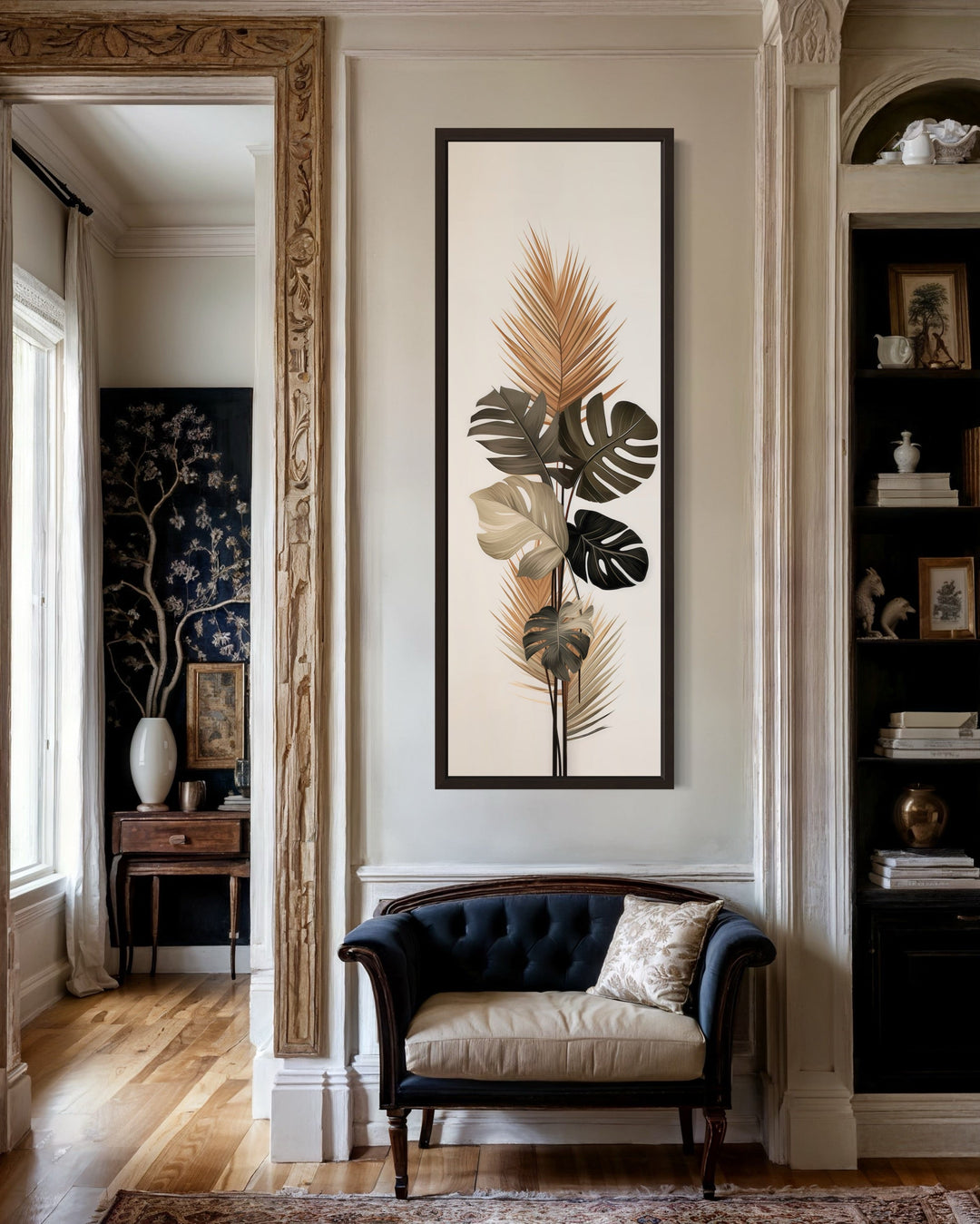 Long Narrow Boho Mid Century Modern Palm Leaves Earth Tones Framed Canvas Wall Art