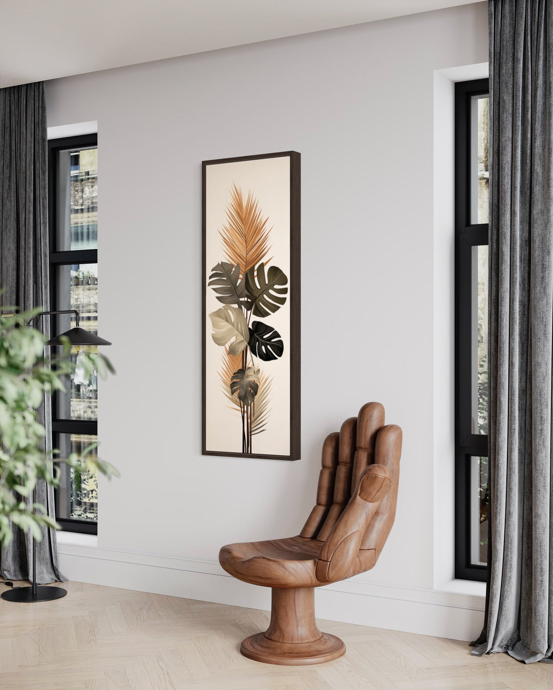 Long Narrow Boho Mid Century Modern Palm Leaves Earth Tones Framed Canvas Wall Art