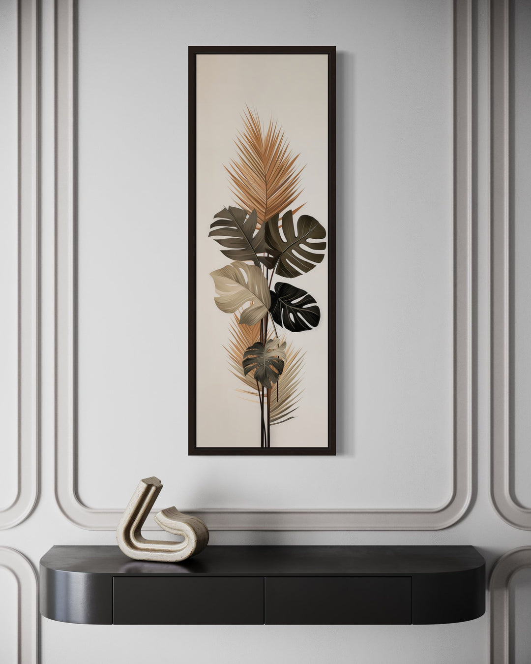 Long Narrow Boho Mid Century Modern Palm Leaves Earth Tones Framed Canvas Wall Art