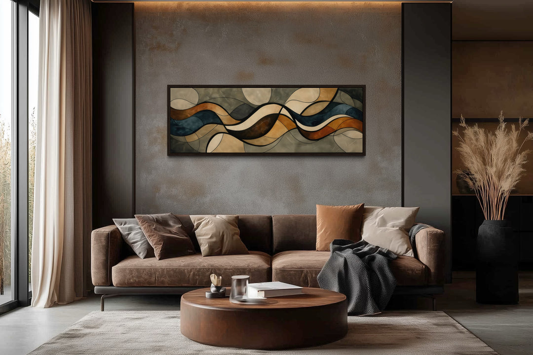 Long Narrow Earth Tones Mid Century Modern Above Bed Wall Art