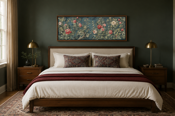 Long narrow horizontal vintage framed wall tapestry with floral design on canvas above a bed.