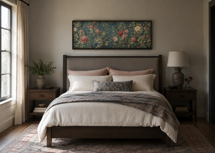 Long narrow horizontal vintage framed wall tapestry on canvas with floral design above a bed.