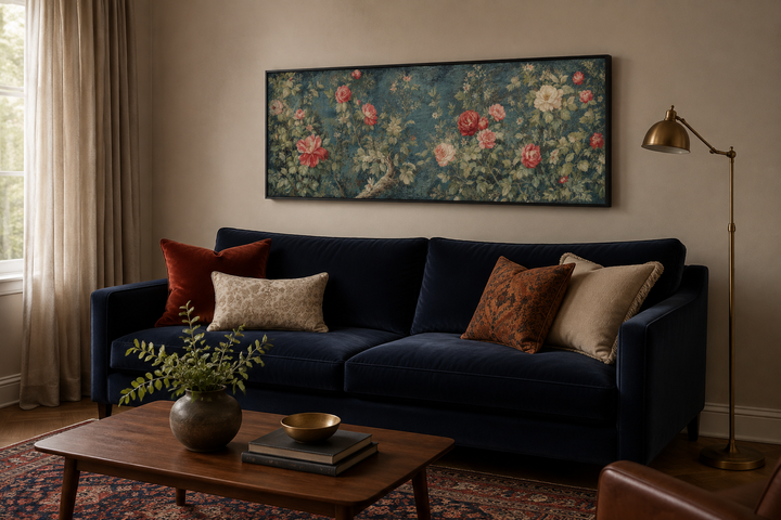 Long narrow horizontal vintage framed wall tapestry with red and white flowers above a blue sofa.