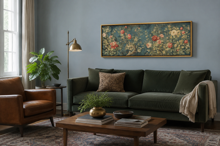 Long narrow horizontal vintage framed wall tapestry with floral patterns above a green sofa.