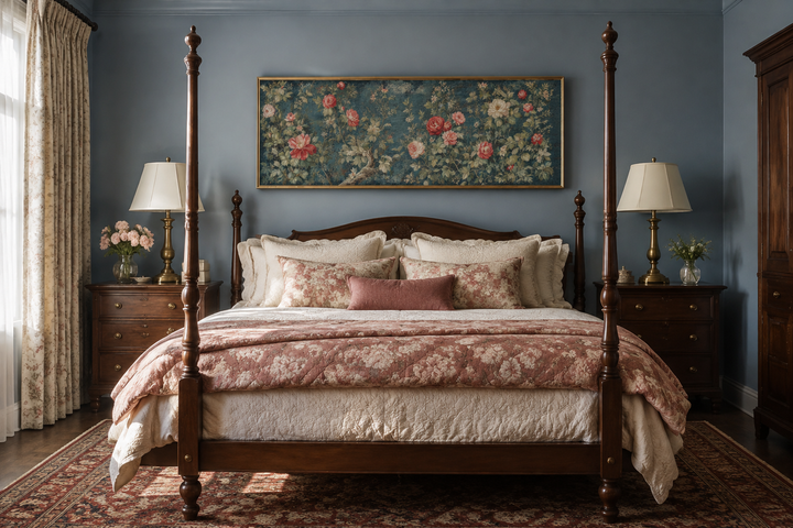 Long narrow horizontal vintage floral tapestry on canvas in a gold frame above a four-poster bed.