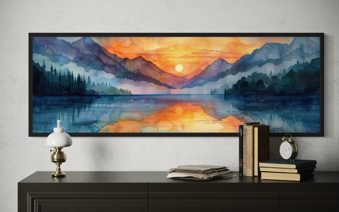 Long Narrow Mountain Lake Sunset Landscape Framed Canvas Wall Art