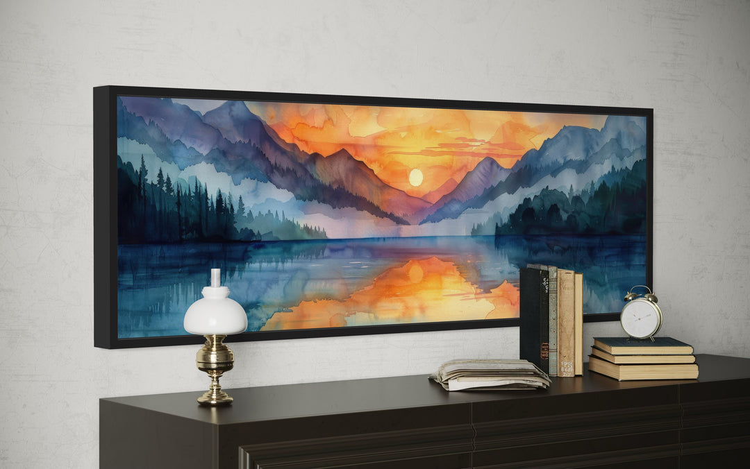 Long Narrow Mountain Lake Sunset Landscape Framed Canvas Wall Art
